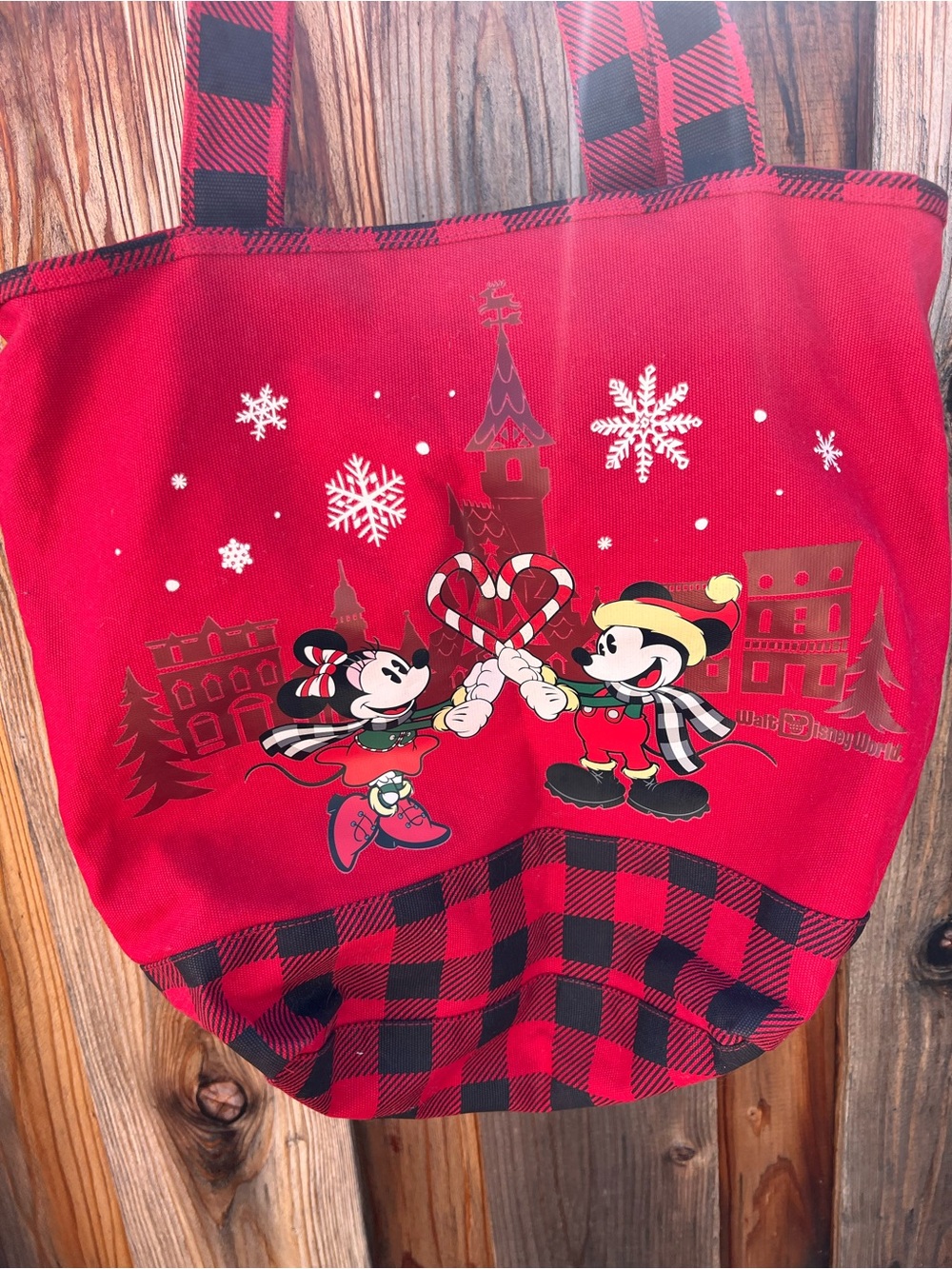 Disney Red and Black Buffalo Plaid Mickey & Minnie Holiday Tote